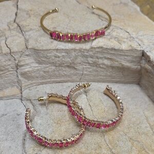 Elegant Gold and Pink Gemstone Jewelry Set Hoop Earrings